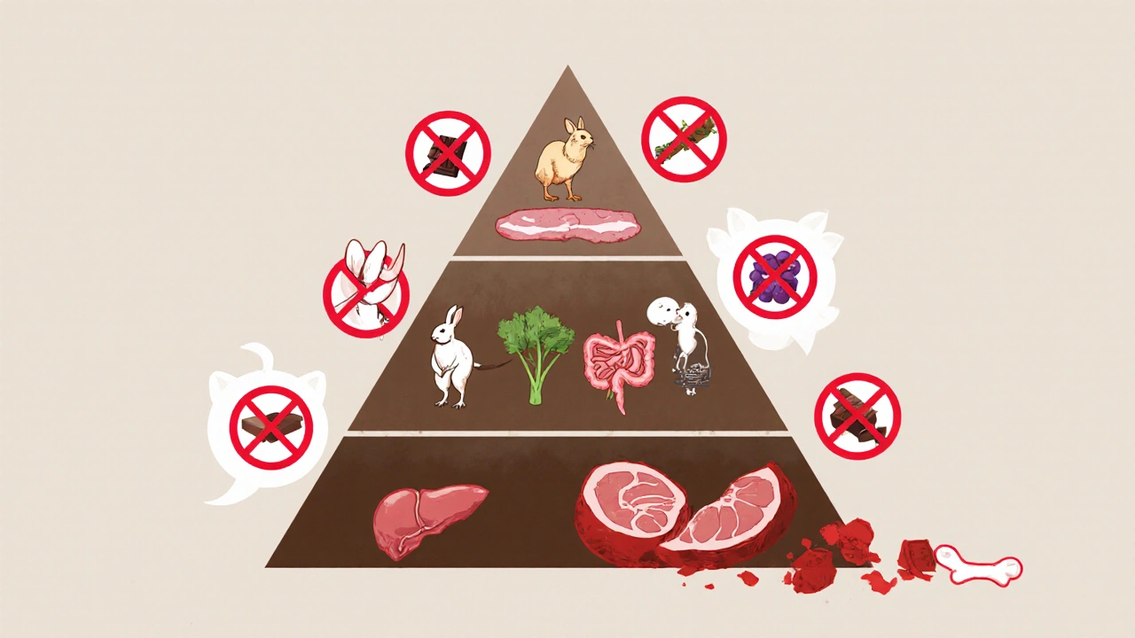 Круговая диаграмма сбалансированного рациона кошки с запрещёнными продуктами внизу.