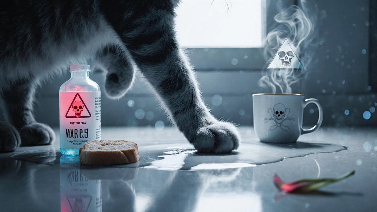 Лапа кошки на полу с блестящей жидкостью, вокруг — бутылочка, хлеб и лепесток лилии.