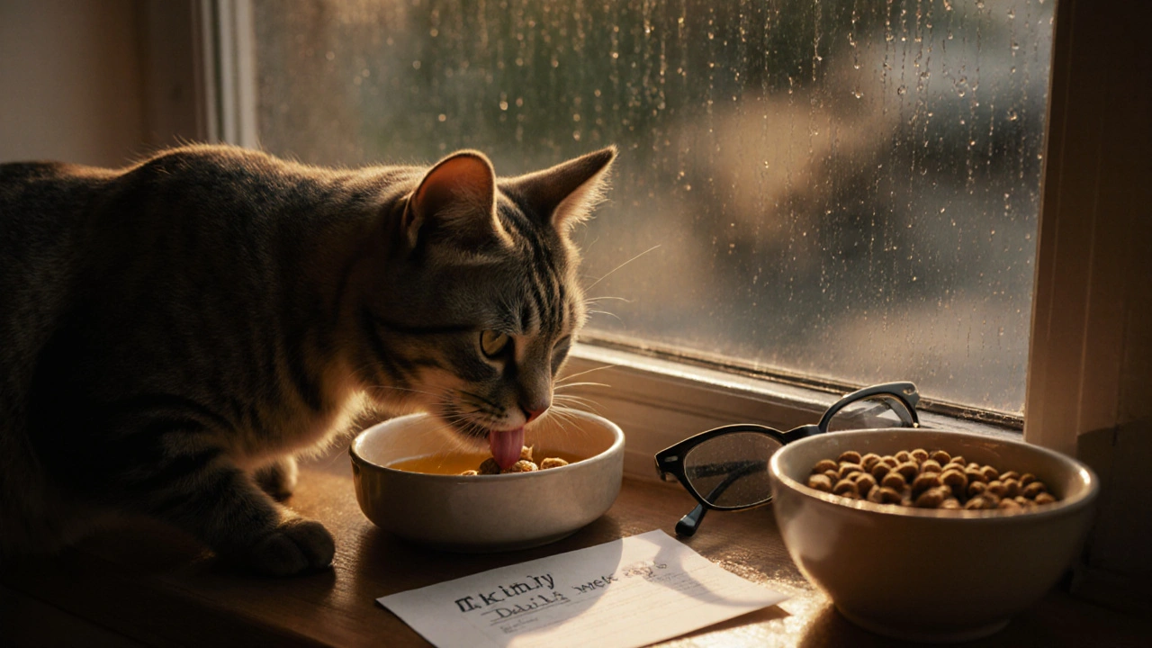 Пожилая кошка ест влажный корм на закате, рядом — неприкосновенная миска с сухим кормом.