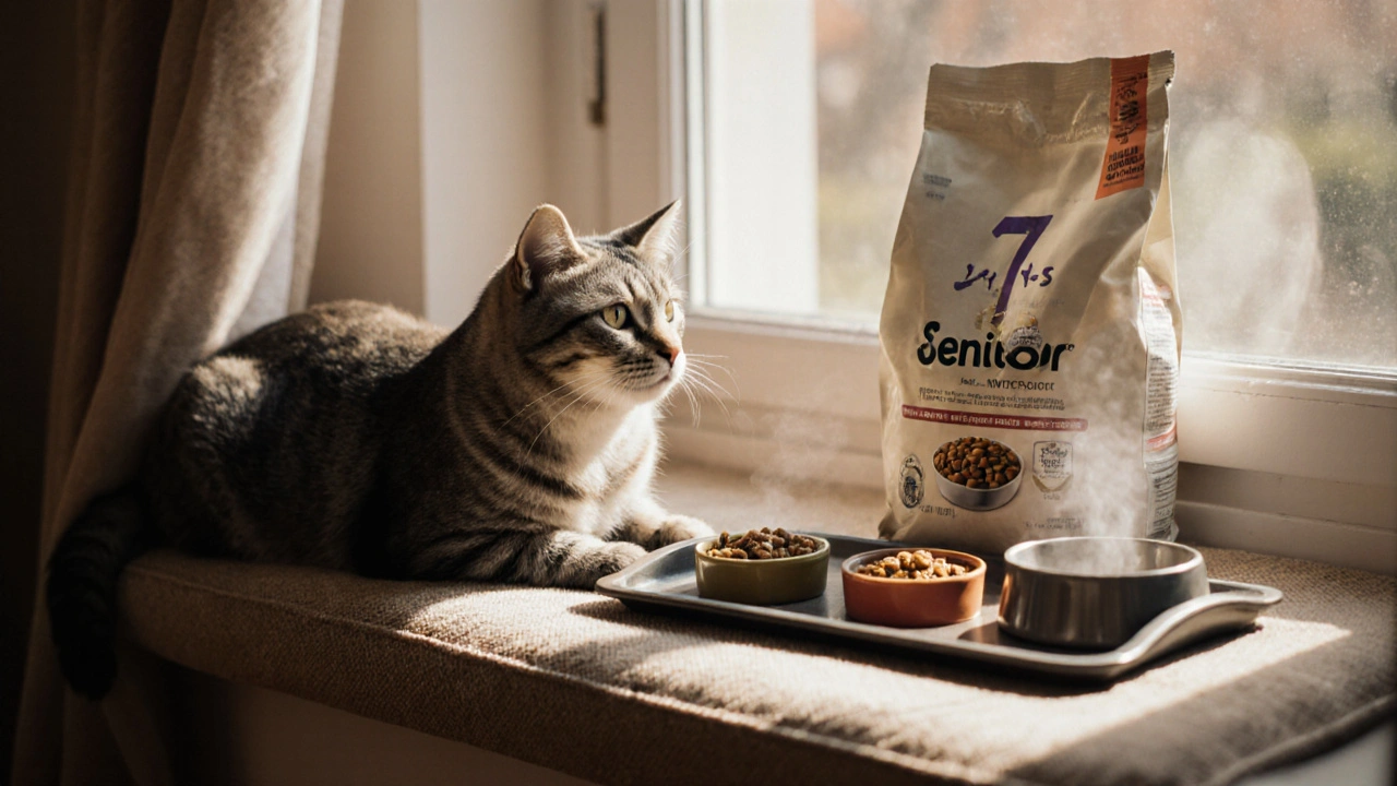 Пожилая кошка отдыхает рядом с тремя маленькими порциями корма для старших кошек и миской с водой.