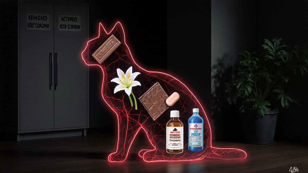 Прозрачная кошка с внутренними токсинами, фон — безопасные растения и закрытые шкафы.