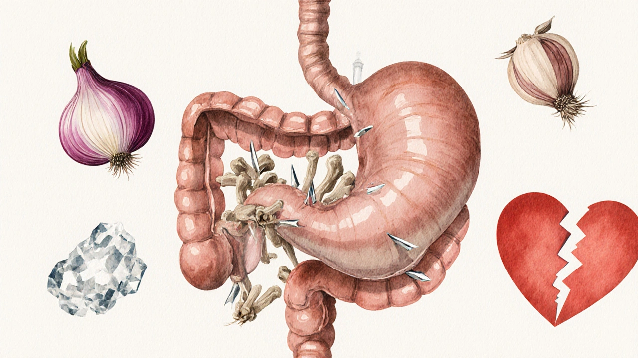 Прозрачный разрез пищеварительного тракта кошки с острыми косточками и вредными добавками.