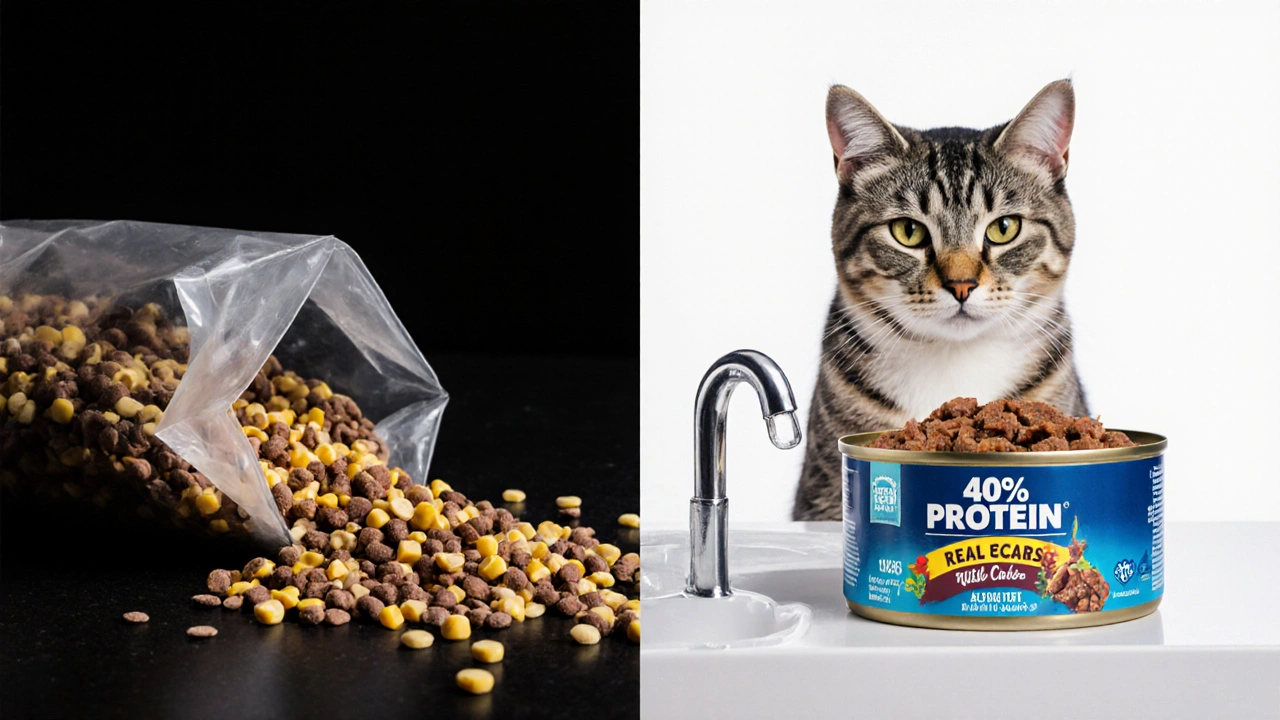 Разделённая сцена: дешёвый сухой корм с злаками слева, качественный влажный корм справа.