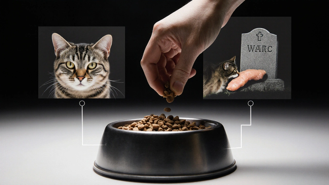 Рука человека, выбирающая между сухим кормом и натуральной едой для кошки, с визуализацией трёх будущих сценариев.