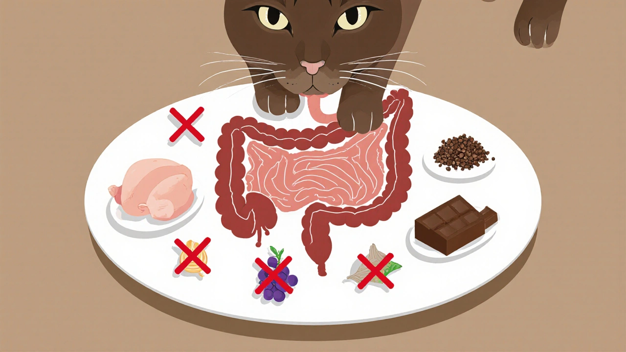 Схема пищеварительной системы кошки с безопасными и запрещёнными продуктами.