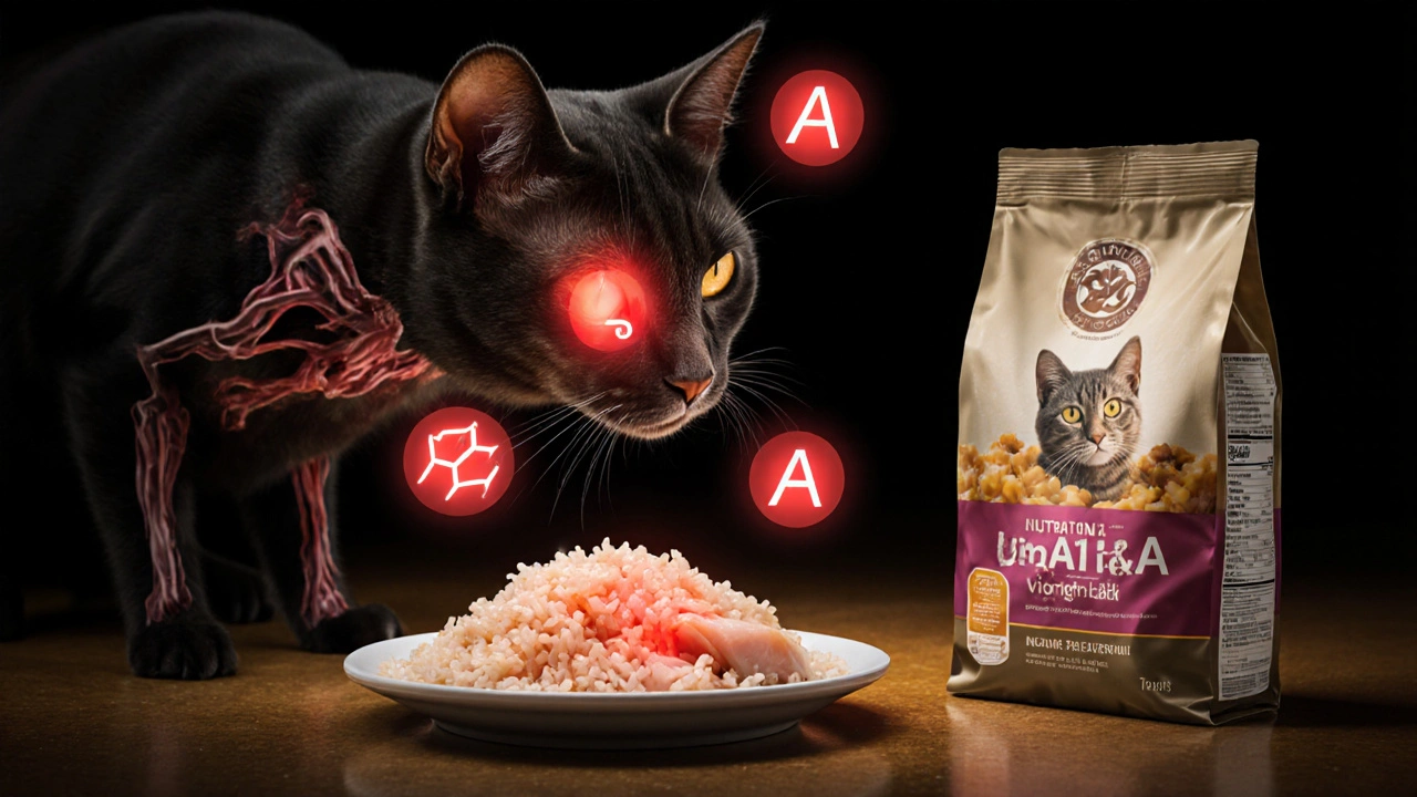 Схема внутреннего устройства кошки с отсутствующими питательными веществами над миской с курицей и рисом.