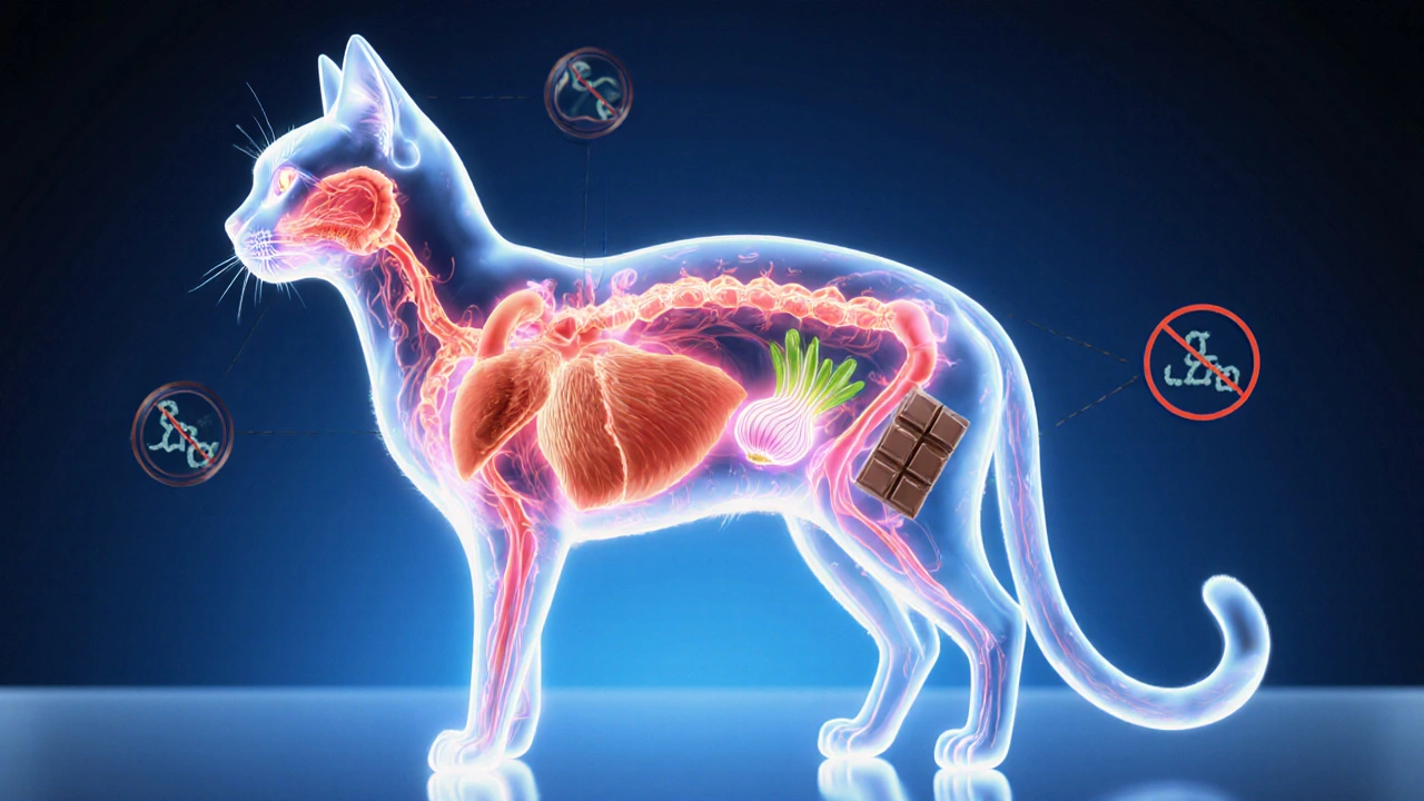 Схема внутреннего устройства кошки с питательными веществами, поступающими из мяса и рыбы.