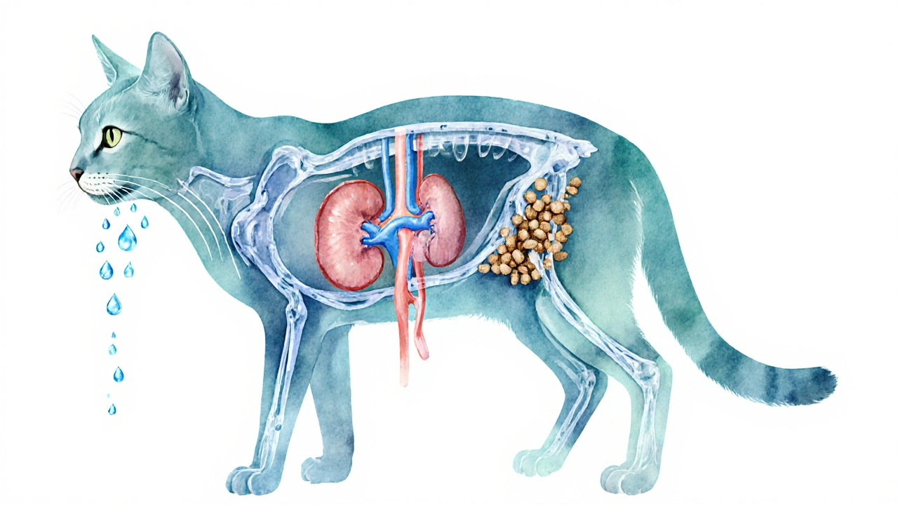 Схема внутренних органов кошки с потоком влаги от влажного корма к почкам.