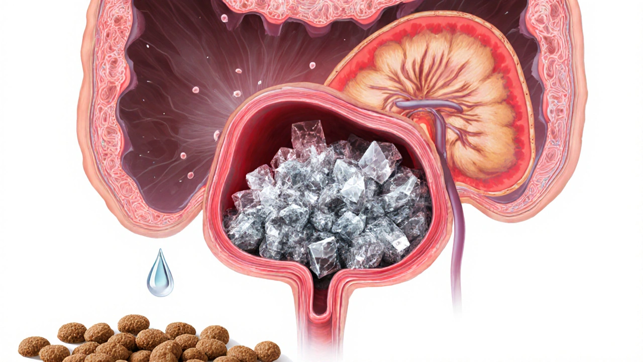 Схематичное изображение мочевого пузыря кошки с кристаллами камней и сухим кормом.
