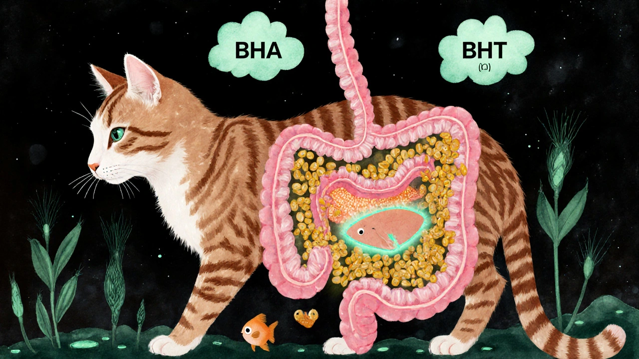 Схематичное изображение пищеварительной системы кошки, забитой злаками и химическими добавками.