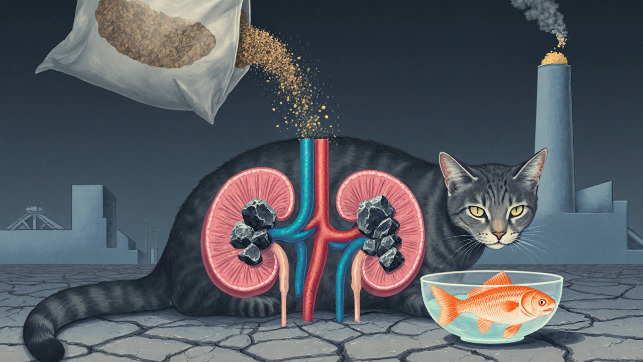 Схематичное изображение почек кошки с кристаллами и сухой землёй вместо воды, под влиянием сухого корма.