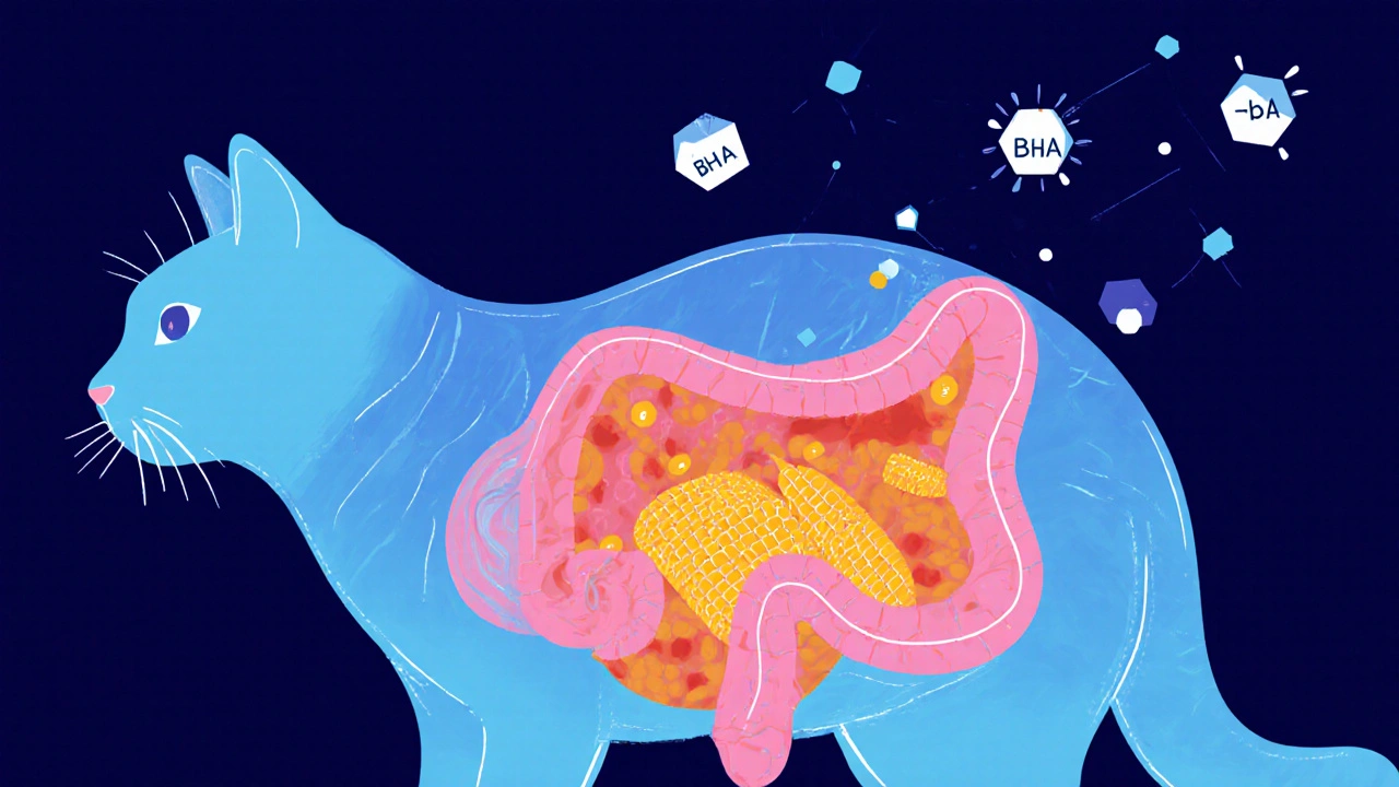 Схематичное изображение внутренних органов кошки с повреждениями от вредных добавок.