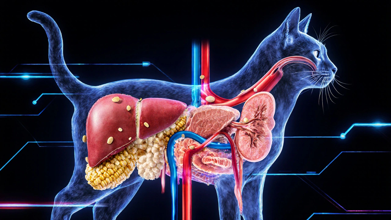 Схематичное изображение внутренних органов кошки, забитых кукурузой и химическими добавками из дешевого корма.