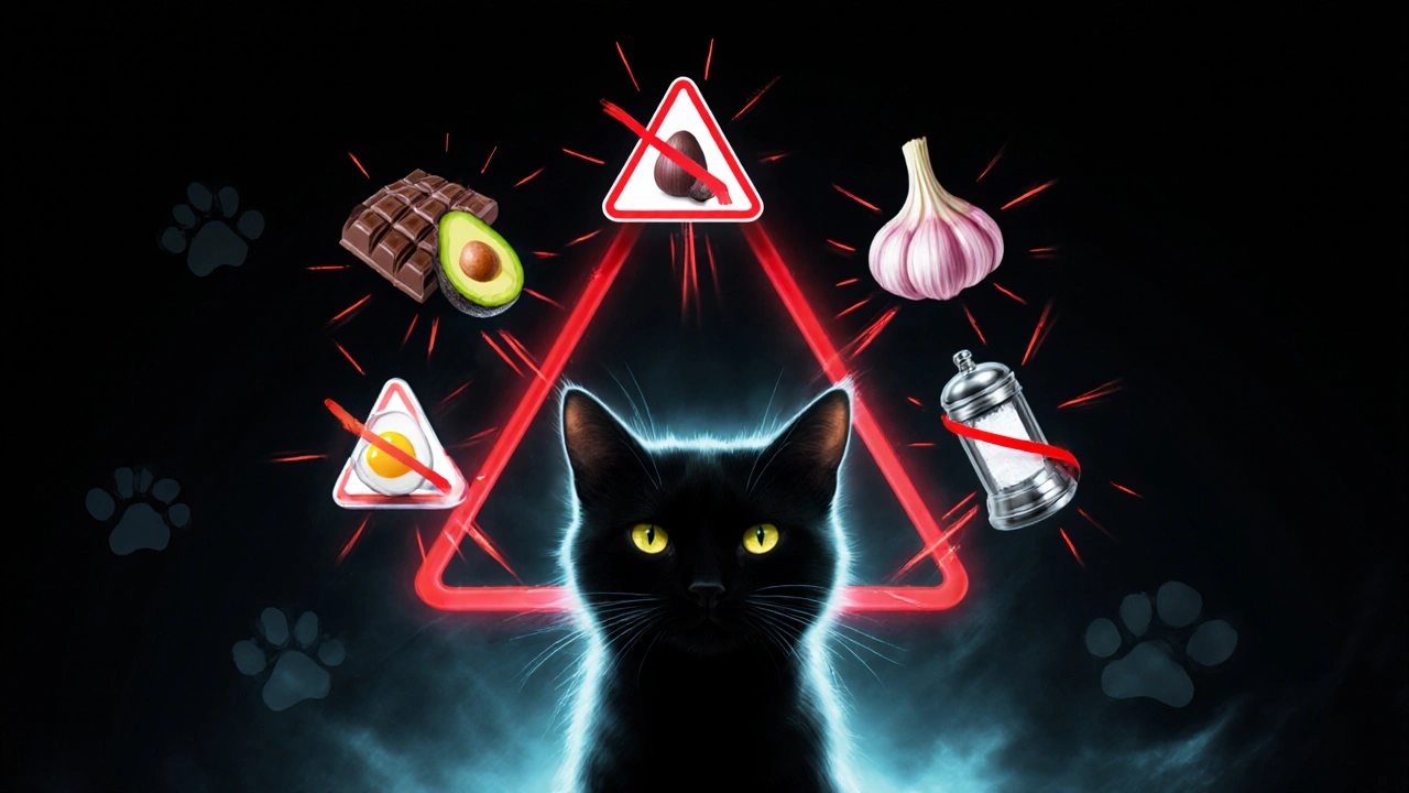 Силуэт кошки перед знаком опасности, состоящим из запрещенных продуктов кухни.