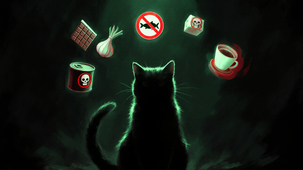 Силуэт кошки с токсичными символами в воздухе вокруг неё.