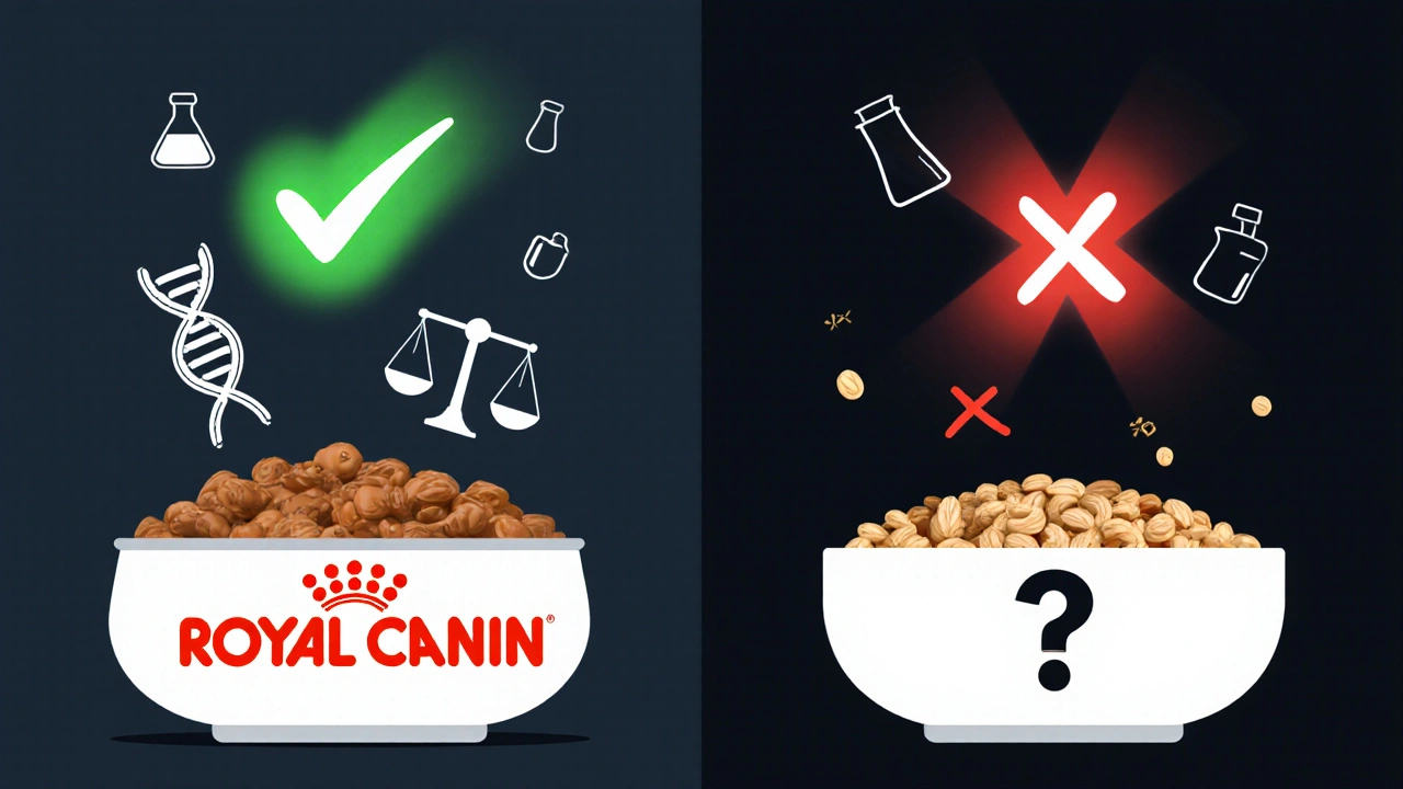 Сравнение специализированного корма Royal Canin с обычным кормом через научные символы.