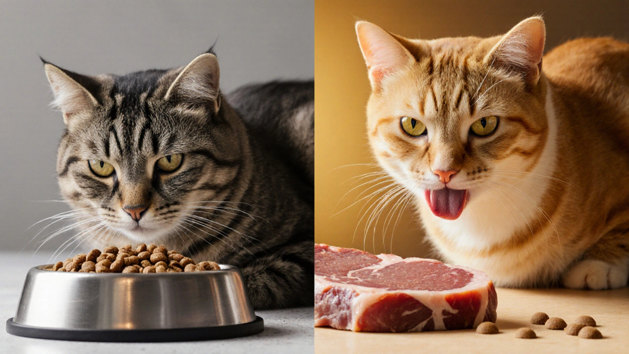 Сравнение: тусклая кошка с сухим кормом и здоровая кошка с сырой едой.