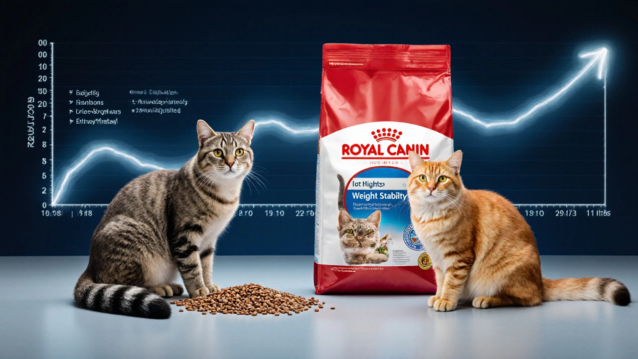 Сравнение здоровой кошки с качественным кормом и больной — с дешевым кормом.