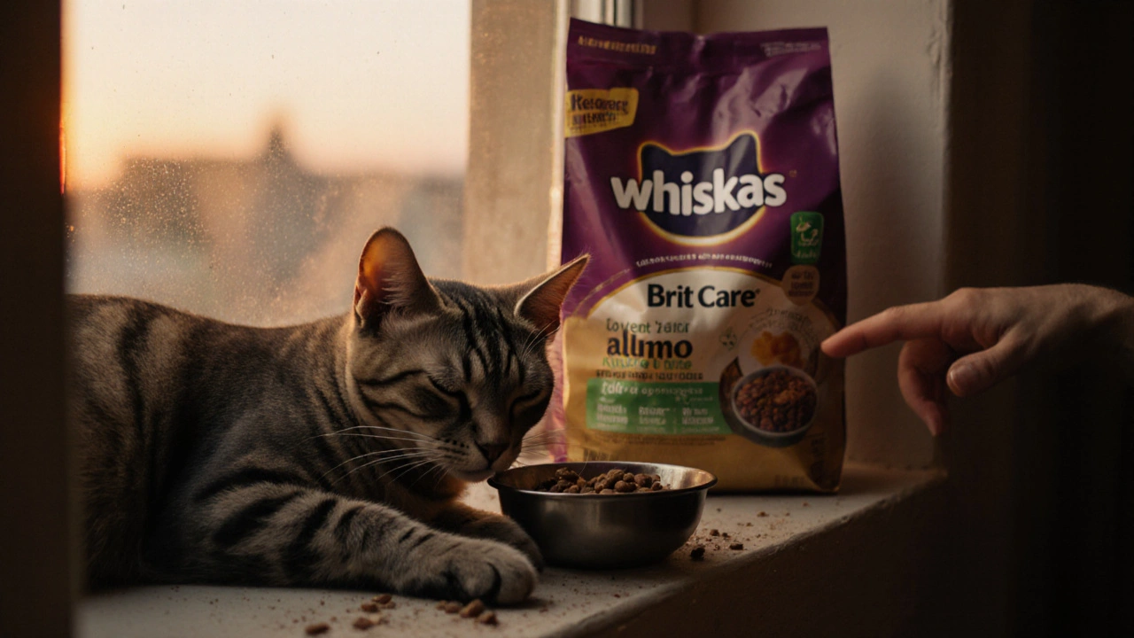 Старая кошка на подоконнике рядом с пакетом Вискаса и новым кормом на фоне заката.