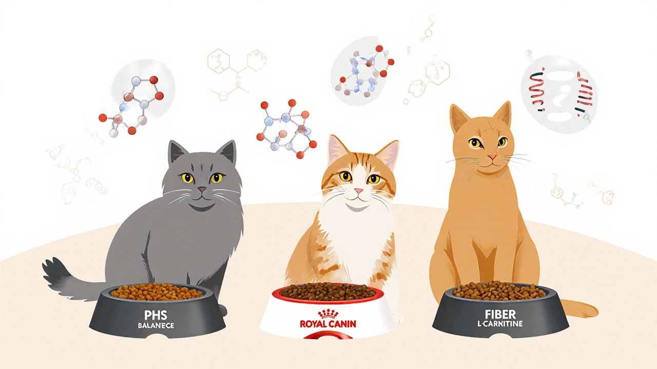 Три кошки разных пород с индивидуальными кормами Royal Canin и научными элементами вокруг.