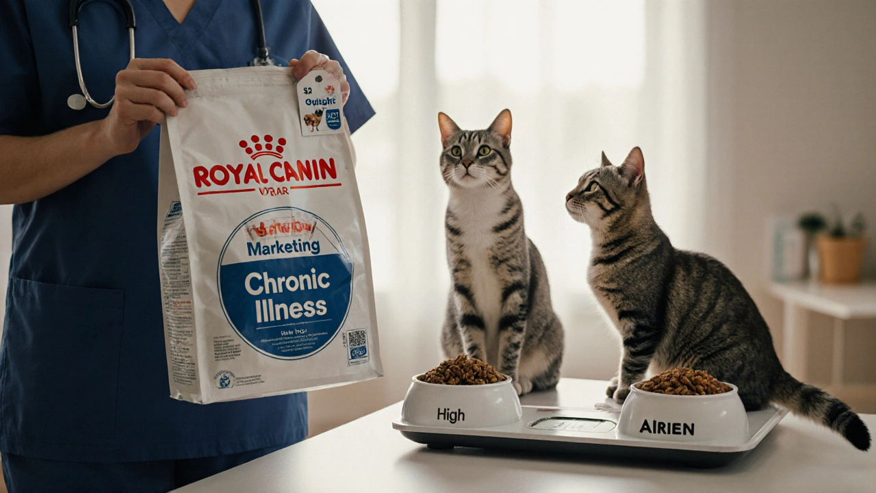 Ветеринар держит пакет Royal Canin с ценником &#039;Маркетинг&#039;, а кошки на весах показывают высокий риск болезней.