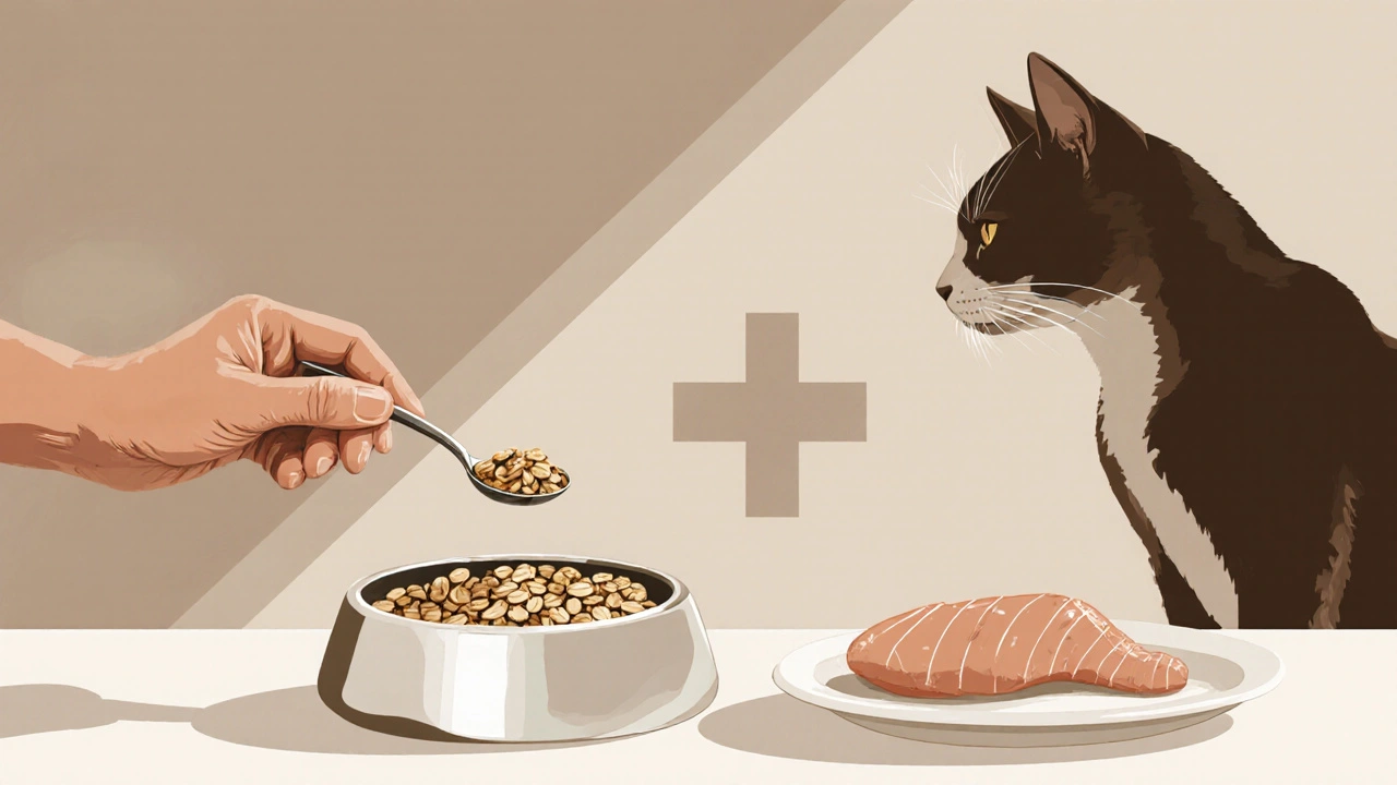 Ветеринар кладет овсянку рядом с куриным филе для кошки.