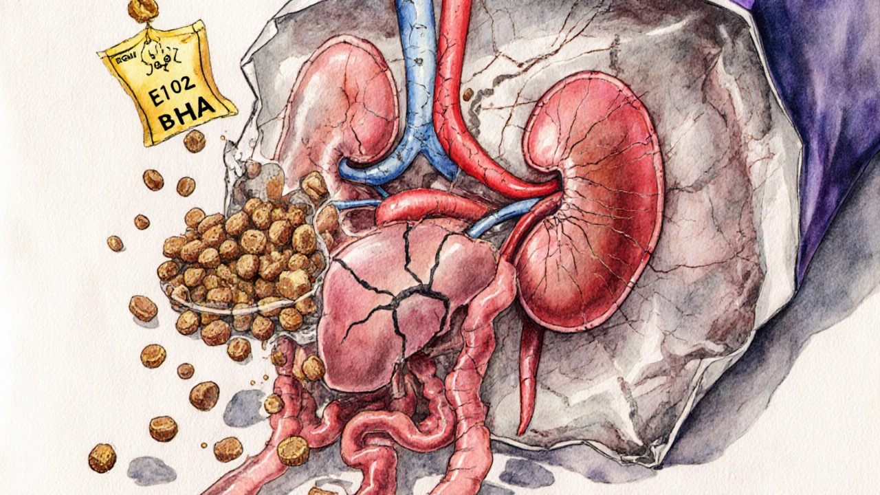Внутренние органы кошки, поврежденные химическими добавками из дешевого корма, в стиле акварели.