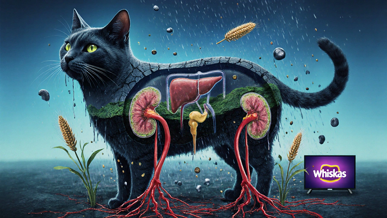 Внутренние органы кошки в виде загрязнённого ландшафта с тяжёлыми металлами и зерновыми отходами.