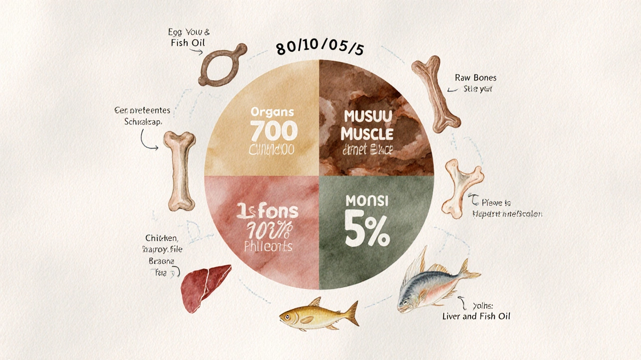 Водяная живопись с круговой диаграммой пропорций натурального рациона для кошки.