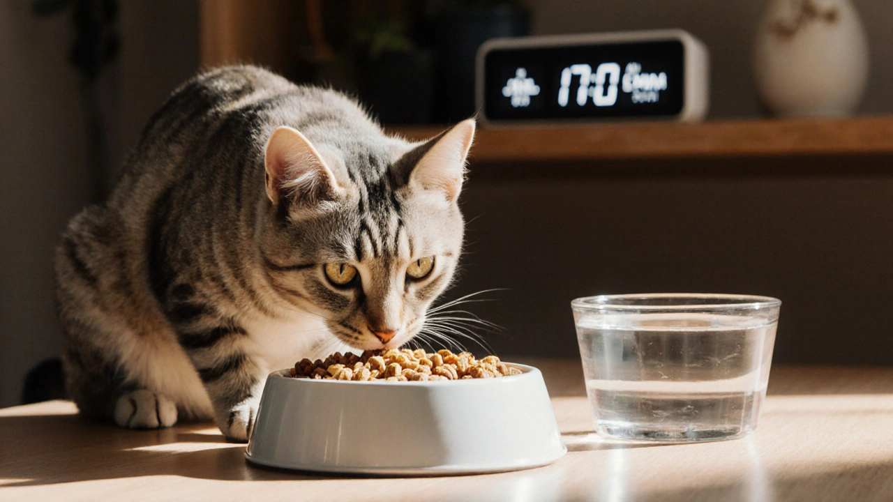 Взрослая кошка ест из двух мисок: сухого корма утром и влажного вечером, рядом — миска с водой.