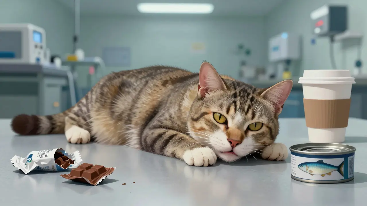 Больная кошка на полу ветеринарной клиники, рядом — упаковки шоколада и рыбы.