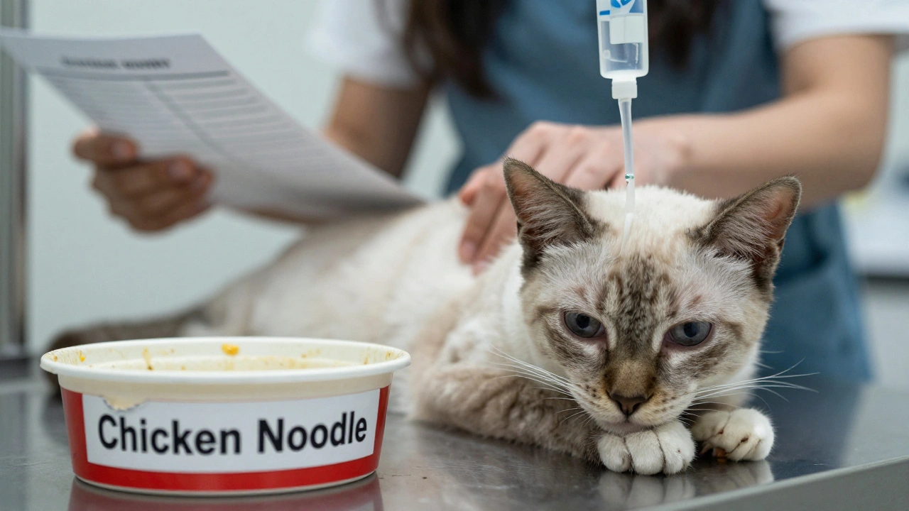 Больная кошка на ветеринарном столе с капельницей, рядом — брошенная миска с супом.