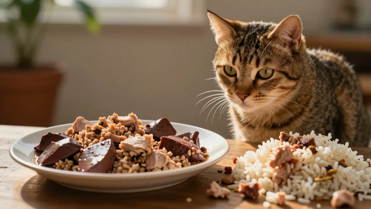 Две тарелки: чистое мясо и мешанина из каши с мясом — выбор правильного питания.