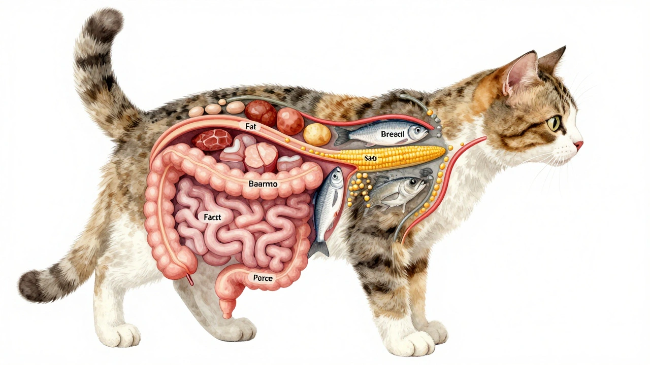 Художественное изображение кошки с аннатомической схемой пищеварения, показывающей движение полезных питательных веществ.