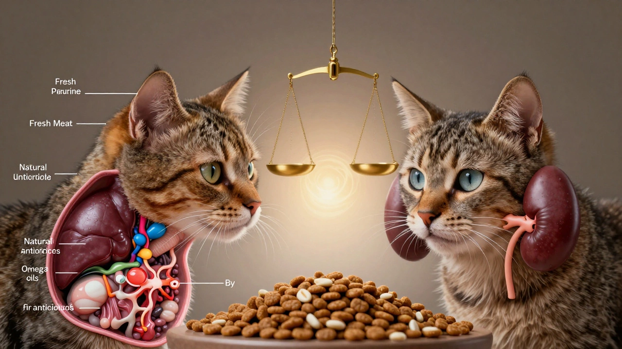Концептуальное изображение: здоровая кошка с блестящей шерстью слева, больная — справа, между ними весы, показывающие пользу качественного корма.