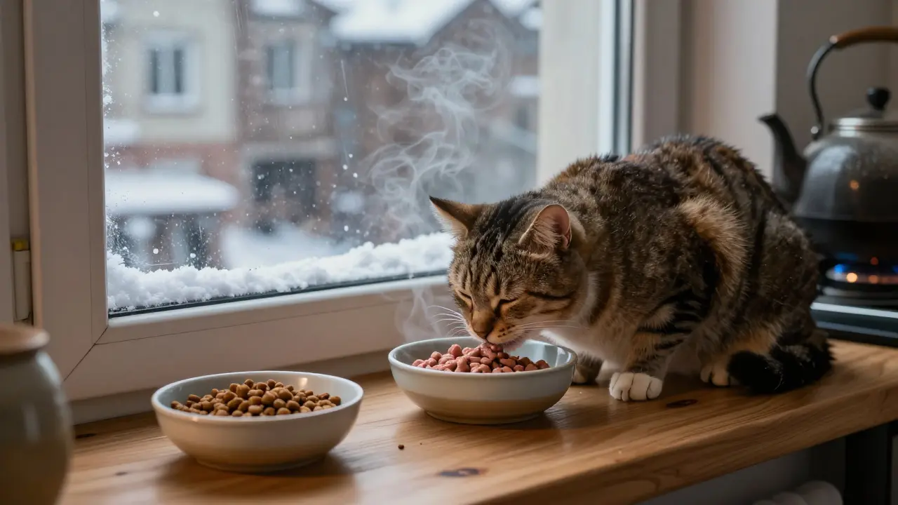Кошка ест влажный корм вечером, рядом — миска с сухим кормом, за окном — снегопад, тёплый интерьер.