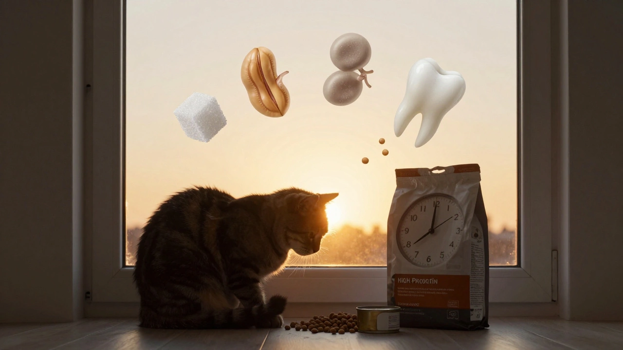 Кошка на подоконнике, над ней парят символы вреда от влажного корма.