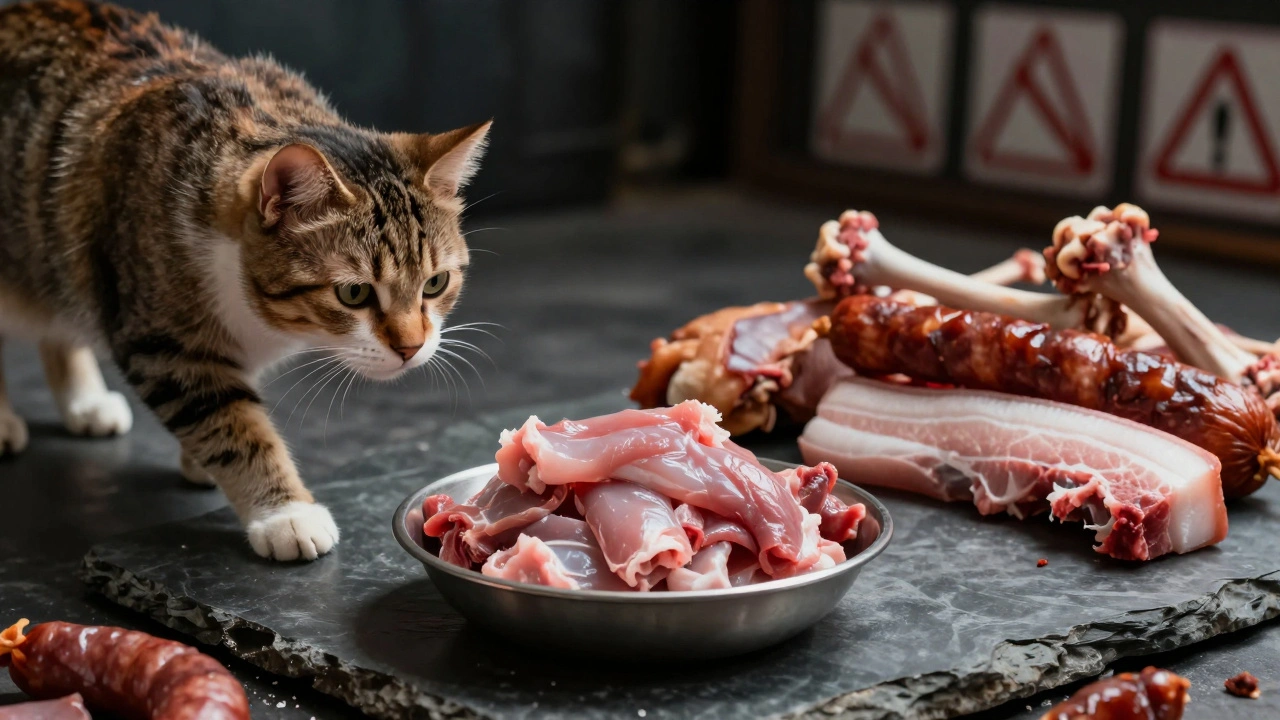 Кошка перед выбором: безопасное мясо кролика или опасные продукты с запрещающими знаками.