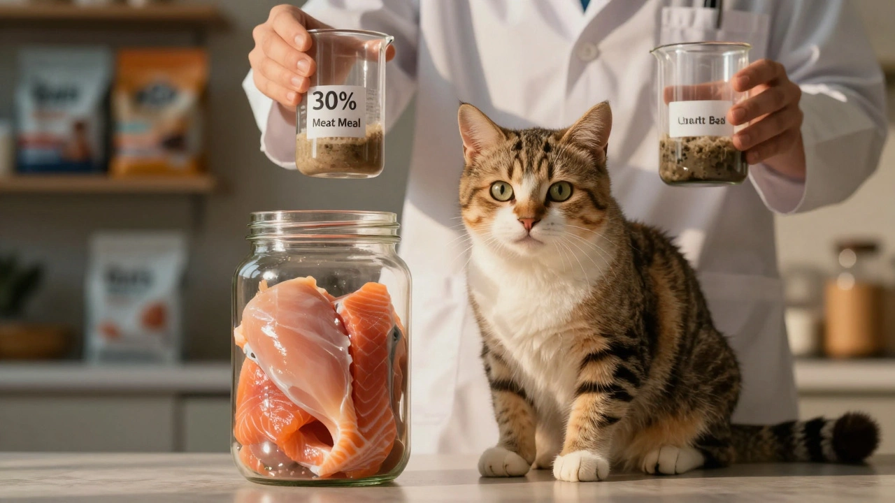 Кошка рядом с банкой сырого мяса, за ней — тени промышленного корма с низким содержанием мяса.