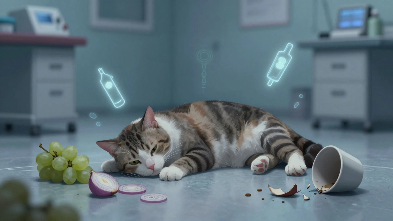 Кошка слабо лежит на полу ветеринарной клиники рядом с токсичными продуктами.