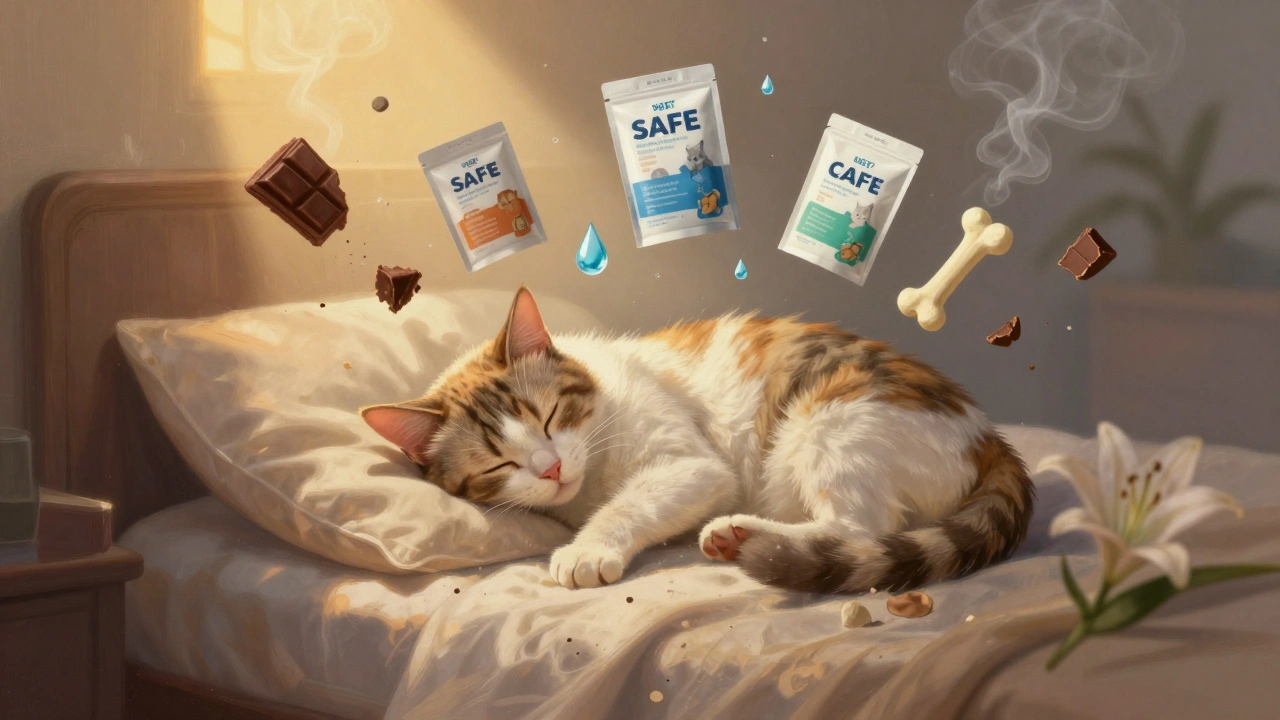 Кошка спит на кровати, окруженная символами безопасного корма, в то время как токсины тают в дыму.