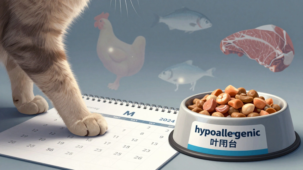 Кот сидит на календаре с отмеченными днями диеты, рядом — гипоаллергенный корм, а в фоне — силуэты аллергенов.