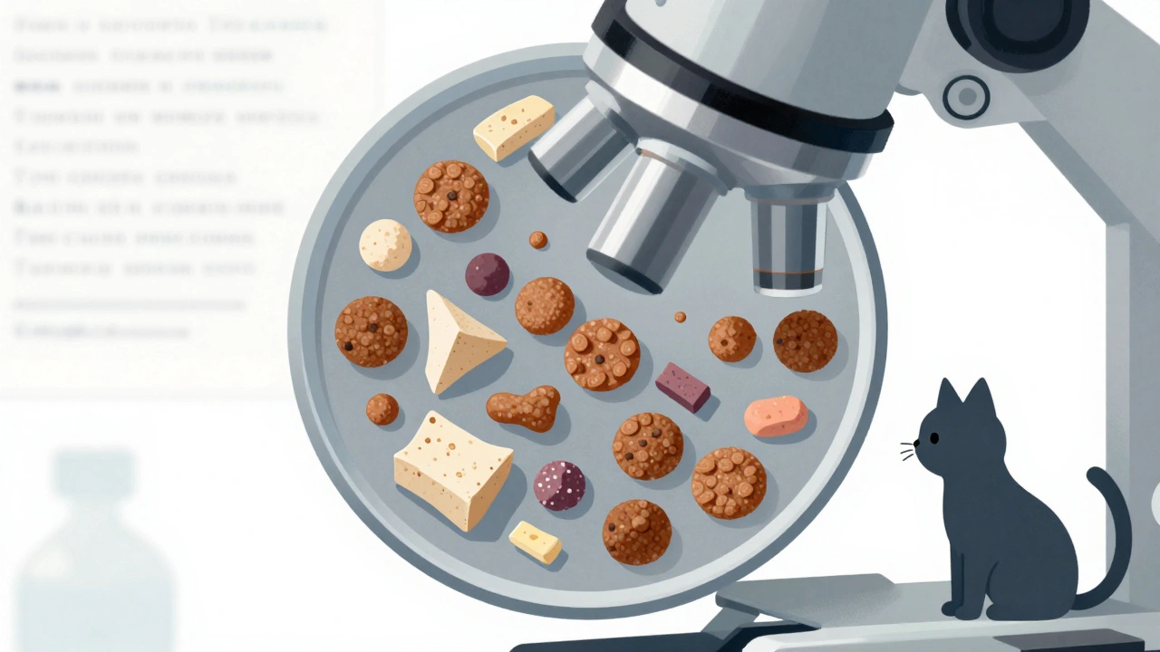 Микроскопический вид низкокачественного корма для кошек с химическими добавками.