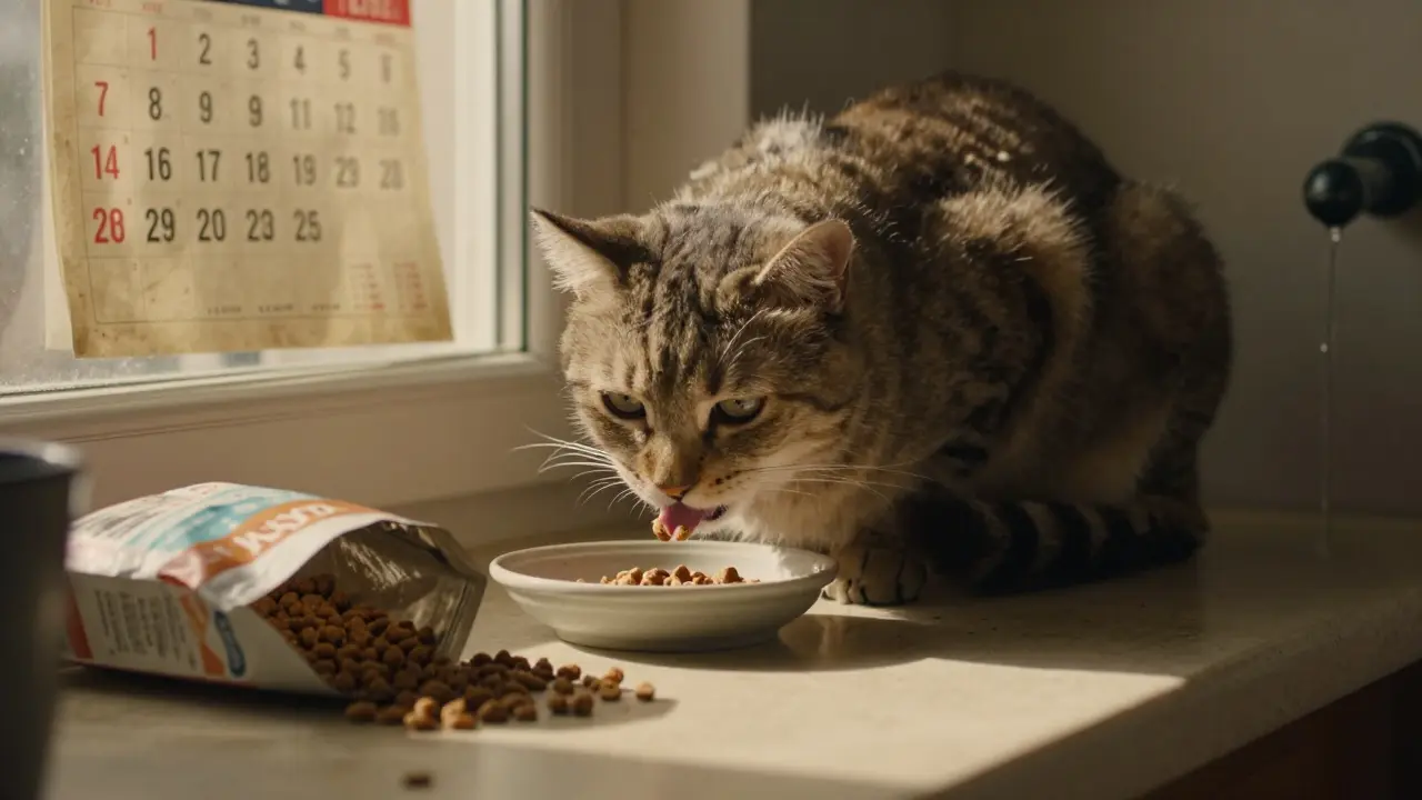 Пожилая кошка лизает влажный корм с ложки на подоконнике, рядом лежит пакет сухого корма.