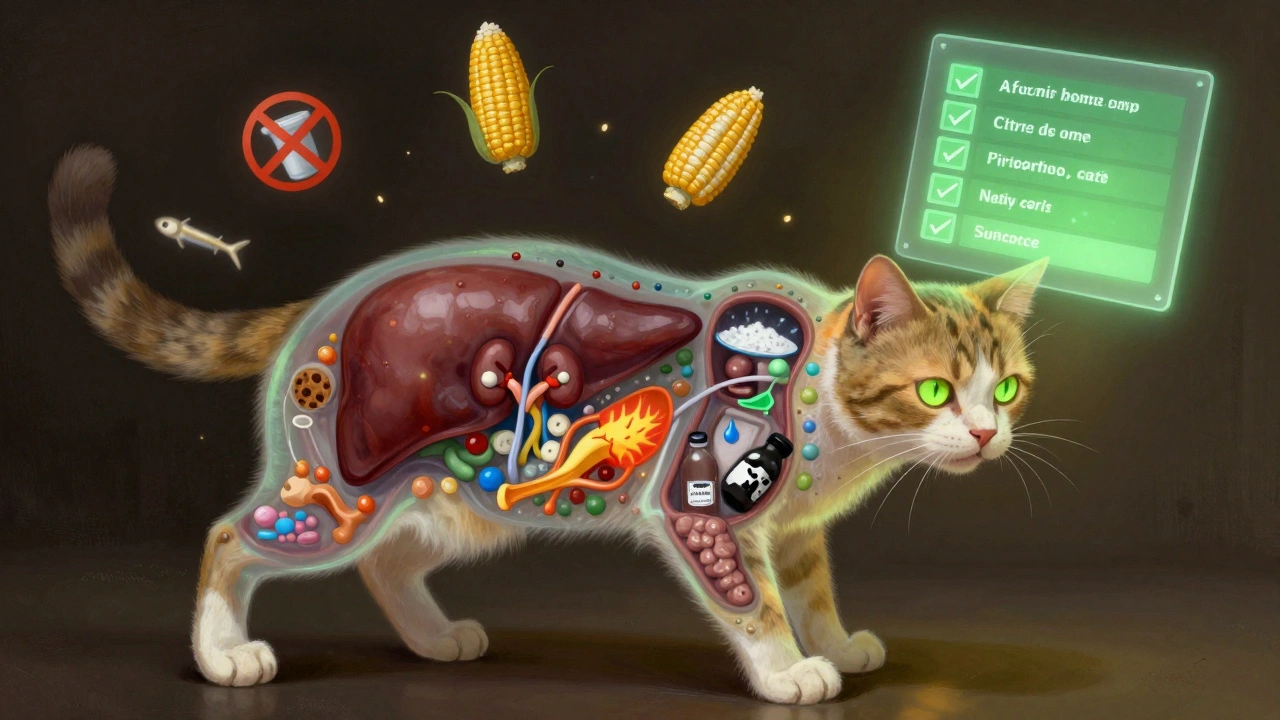 Прозрачная кошка с видимыми повреждёнными органами под воздействием вредных ингредиентов.