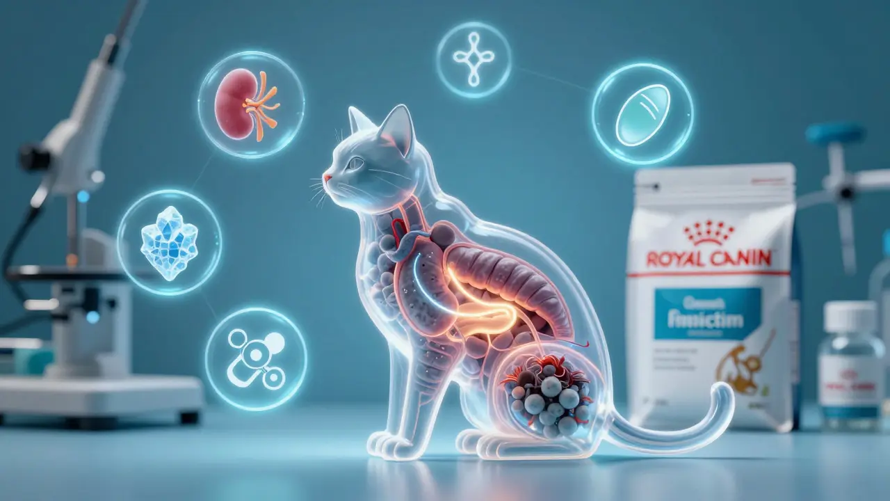 Прозрачная кошка с внутренними органами, символизирующими здоровье, рядом — упаковки Royal Canin.