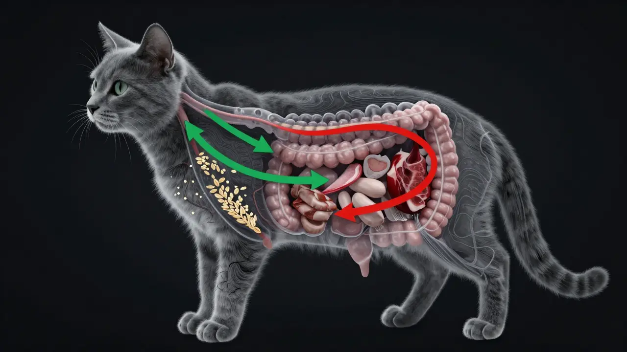 Прозрачное изображение кошачьего пищеварения: углеводы блокируют кишечник, мясо проходит свободно.