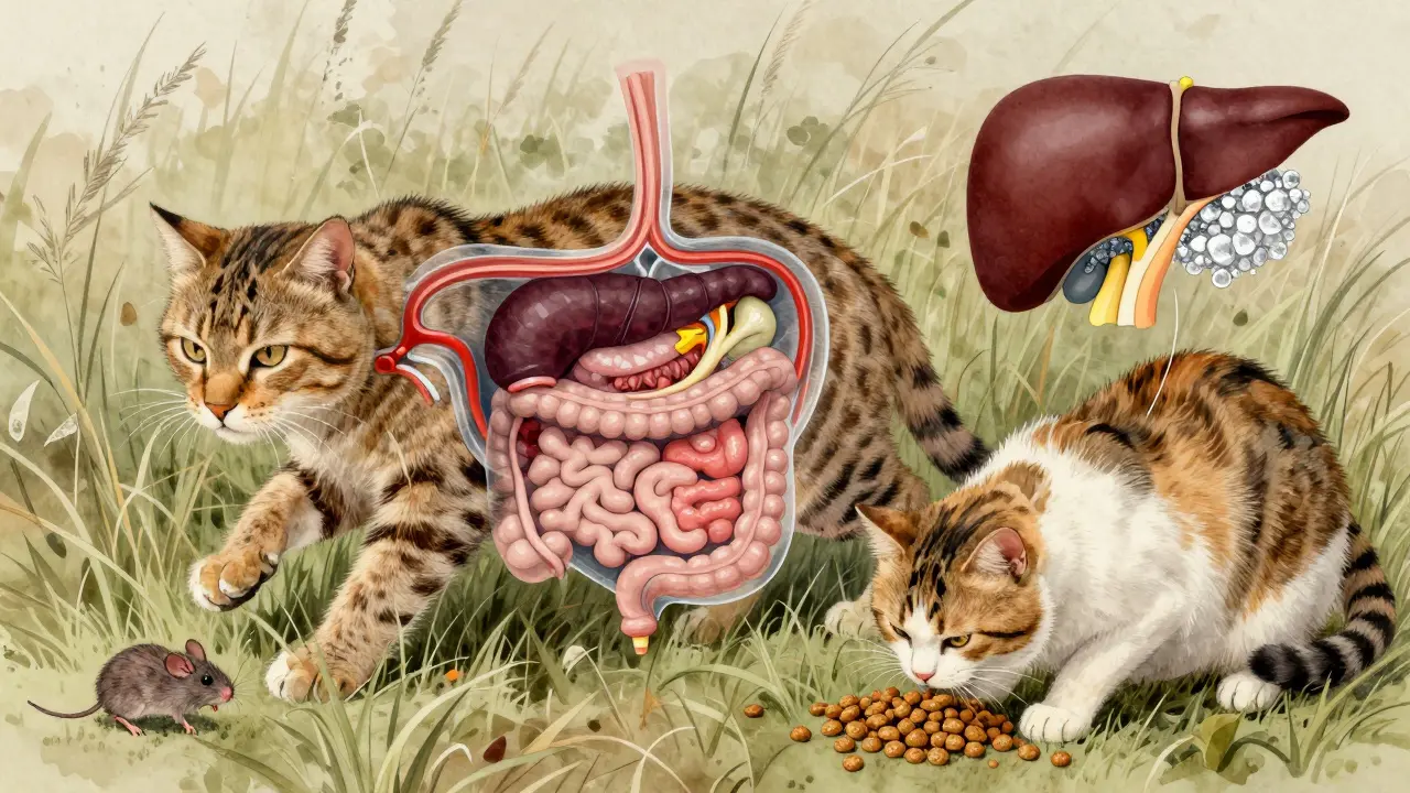 Прозрачное сравнение пищеварения дикой и домашней кошки: здоровые органы против заболеваний от корма.