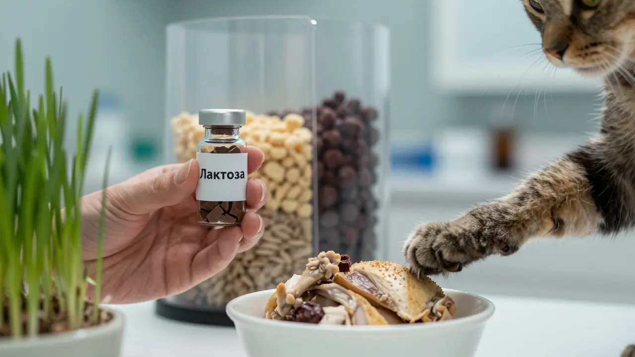 Рука держит опасные продукты, а кошка тянется к безопасной еде и кошачьей траве.