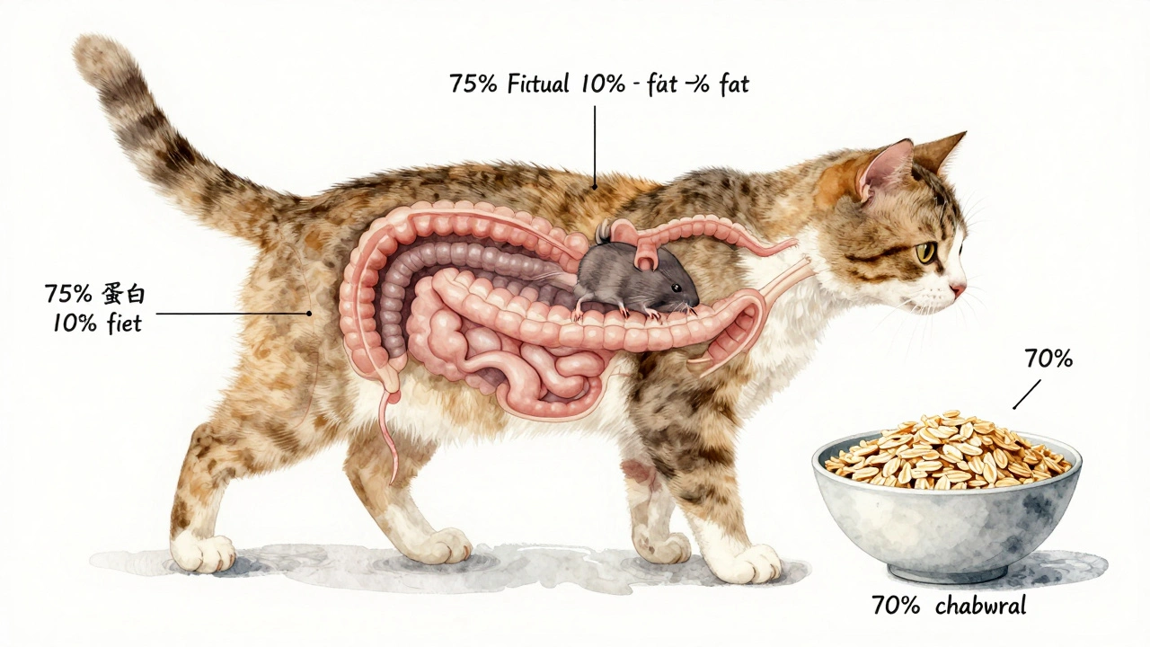 Схема пищеварительной системы кошки с сравнением мыши и овсянки как источников питания.